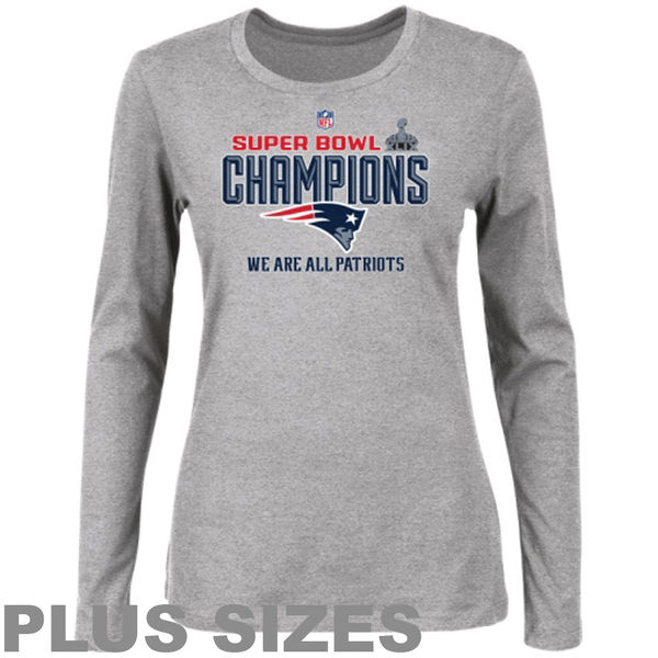 New England Patriots Majestic Women's Plus Size Super Bowl XLIX Champions Trophy Collection Locker Room Long Sleeve T-Shirt - Gray